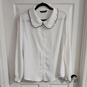 Allegra K White Blouse with Black Trim
